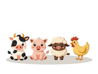 Fototapeta premium Colorful cartoon farm animals with soft rounded shapes in a sunny fiel