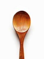 A single wooden spoon, natural grain texture, placed flat on white background, top-down view, soft diffused shadows, minimal and clean, high-detail 