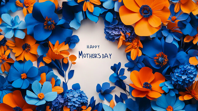 Craft an enchanting background for Mother's Day with vibrant blue and orange flowers, featuring the words HAPPY MOTHER'S DAY in bold letters on white paper.
