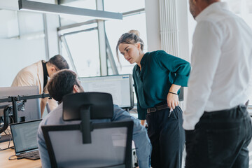 Diverse group of people engaged in a team meeting, brainstorming and discussing solutions. The...