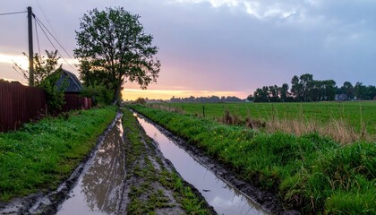 Serene Country Pathway with Waterlogged Muddy Trails at Sunset