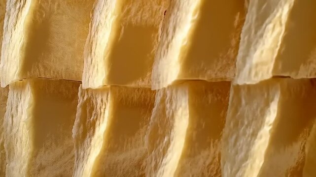 Abstract Close-Up of Stacked Cheese Cubes Revealing Rich Texture and Subtle Variations