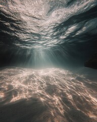 Serene underwater scene with sun rays penetrating ocean waves and illuminating sandy seabed in tranquil waters