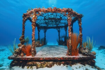 Naklejka premium Coral structure resembling underwater sculpture garden, surrounded by sea fans and swaying seagrass