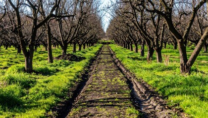 Fototapeta premium Rows of Leafless Trees in Orchard Pathway Surrounded by Grass