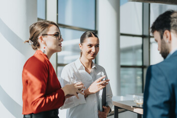A group of business colleagues in a modern office setting engage in a relaxed conversation during a...
