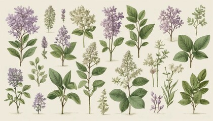 Botanical Illustration: Lilac Flower Sprigs and Leaves