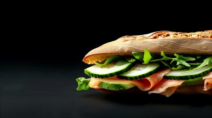 Fresh Salmon Baguette Sandwich with Cucumber, Avocado and Lettuce on Green Background, black isolated background, macro shoot, copy space