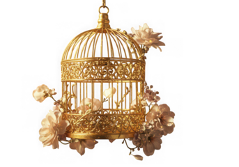 Golden birdcage with flowers isolated on transparent background. use cases: decoration, invitation, celebration.