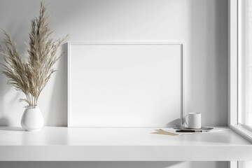 White Desk with Blank Frame, Pampas Vase, and Mug in Sunlit Workspace - Space for Text