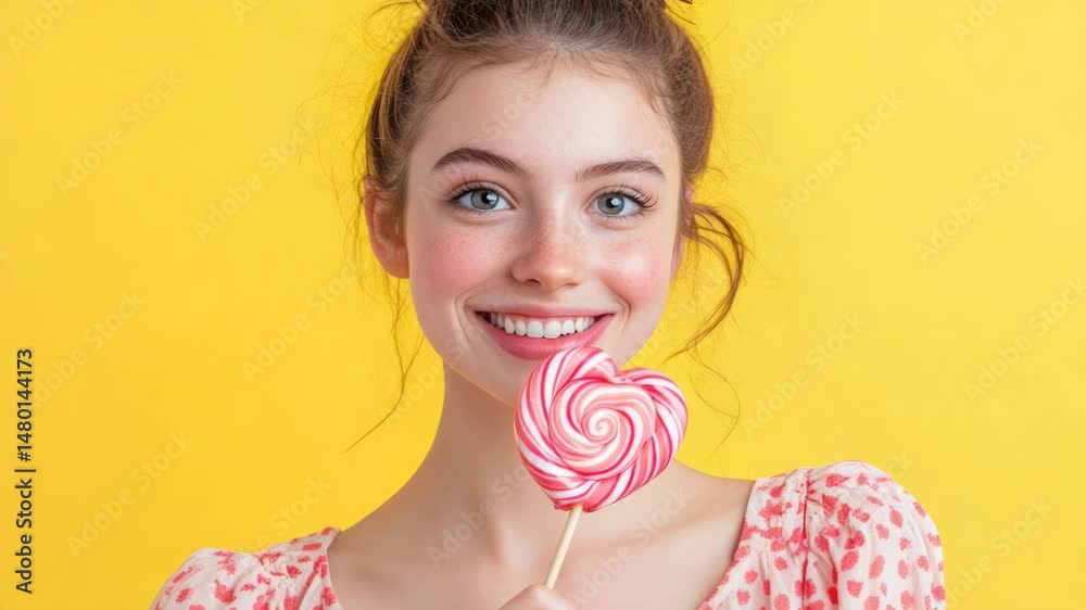 Poster a woman holds a colorful lollipop in front of her face, perhaps hiding her identity or adding a play