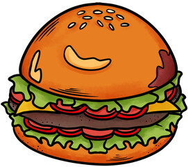 Juicy Cartoon Hamburger with Lettuce, Tomato, and Cheese,cute cartoon
