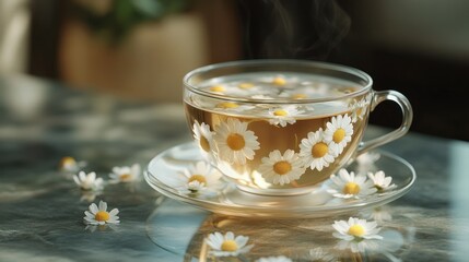 Fototapeta premium Delicate Glass Cup Filled with Herbal Tea and Fresh Daisies on a Soft Light Background