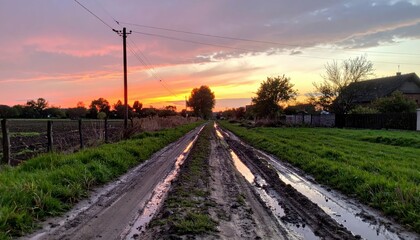 Obraz premium Serene Country Path at Sunset with Reflections in Muddy Soil