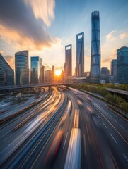 Fototapeta premium Shanghai Skyline at Sunset with Motion Blurred Traffic on Highway from High Angle View in China Cityscape