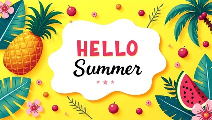 Bright summer background with watermelon, pineapple, and tropical leaves, with 'Hello Summer' in a cloud shape