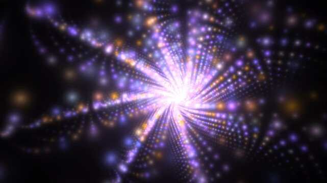 hypnotische drehende Spirale aus gelb violett leuchtenden Lichtern &ndash; farbenfrohes Technologie-Design, Meditation, futuristische Energie und modernes visuelles Konzept, Entschleunigung