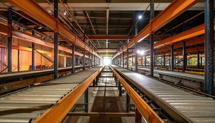 Obraz premium Industrial Warehouse with Conveyor Belts and Storage Racks Inside