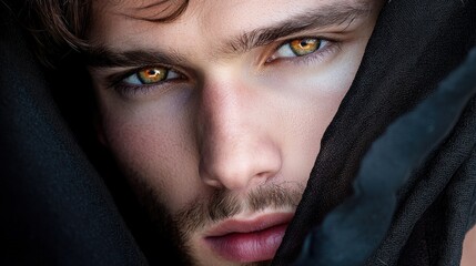 Naklejka premium Moody portrait showing intense male eyes, face half-covered in black fabric