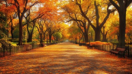 Naklejka premium Golden Autumn Park Path Fall Foliage Trees Bench