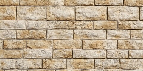 Obraz premium A close-up shows a wall of beige and light brown bricks stacked in a traditional horizontal manner, connected by gray mortar.