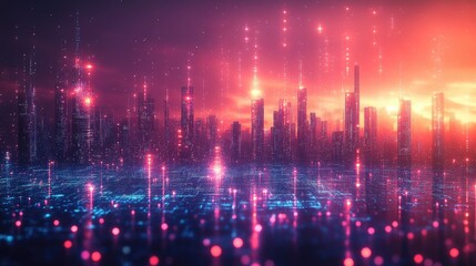 Futuristic gradient of cyberpunk cyan and magenta, digital glitch layers with holographic highlights