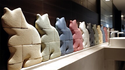 Row of colorful cat sculptures