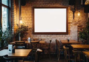 Cozy Cafe Interior with Blank Screen and Brick Wall