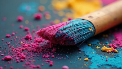 Fototapeta premium Close-up of worn paintbrush bristles, vibrant hues, colors, handmade