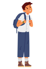 Cute school boy in uniform with backpack standing flat vector illustration isolated on white.