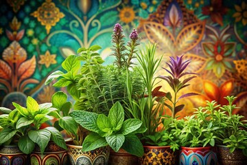 Obraz premium Panoramic Herb Garden Clip Art: Colorful Herbs on Ornate Background