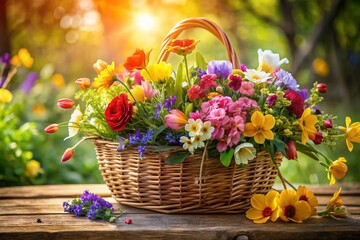Panoramic Spring Flower Basket Art Print, Vibrant Floral Arrangement, Colorful Blooms