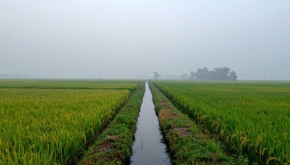 Tranquil Rice Fields Under Misty Sky in Rural Landscape