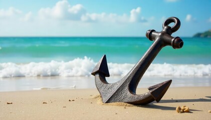 Heavy metal boat anchor on sandy beach, ocean waves in background ,  heavy duty,  weathered