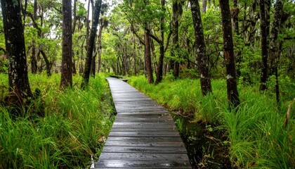 Obraz premium Wooden Pathway Through Lush Green Forest in Rainy Weather