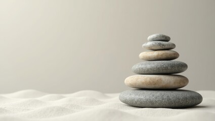 A stack of smooth gray and beige stones, balanced on top of each other, stands on wavy sand against a light background. A symbol of balance and tranquility