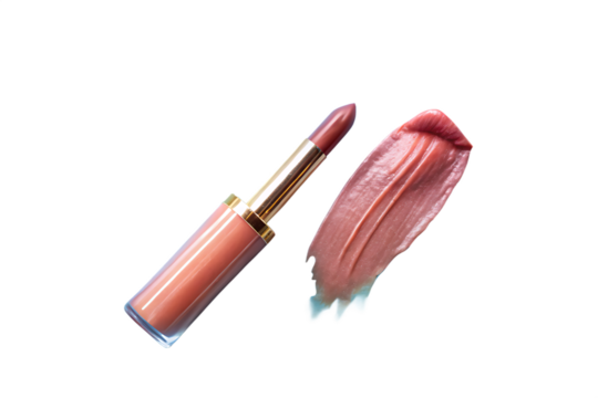 A lipstick tube with a gold accent next to a smear of the lipstick color on a black background