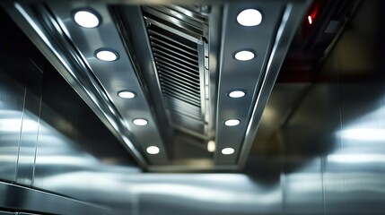 Interior of a Modern Elevator with Reflective Walls and Ceiling Lights