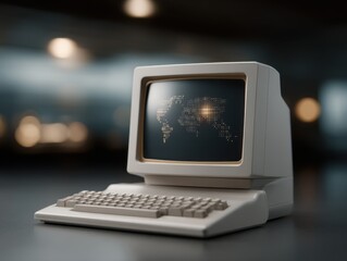 A vintage computer displays a glowing world map interface representing the global scale of the fintech revolution, creating a leeyongjay-inspired film look aesthetic.