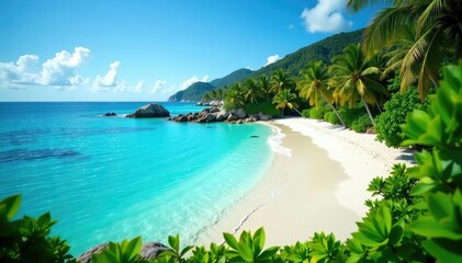 Lush vegetation borders pristine beach, crystal clear water , paradise, plants, clouds