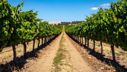 Naklejka premium Lush Vineyard Rows Under Blue Sky with Scenic Landscape Backdrop