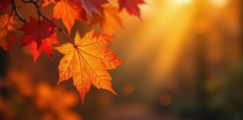 Fototapeta premium Warm-toned leaves, blurred background, vibrant autumn colors, maple, golden, element