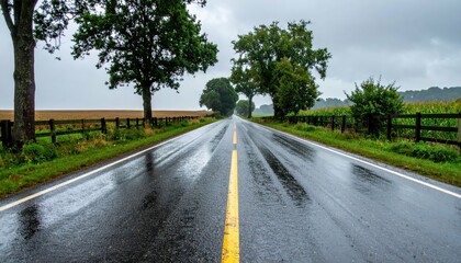Serene Rainy Road View with Lush Greenery and Vibrant Landscape