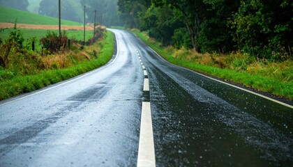 Obraz premium Serene Rainy Road Surrounded by Green Hills and Trees in Nature