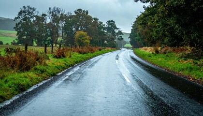 Fototapeta premium Serene Rainy Road Amidst Lush Green Landscape in Autumn Season