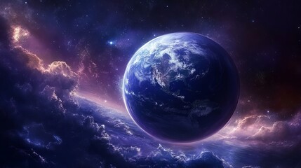 Stunning blue planet earth in vibrant cosmic space nebula dark stars night image photo light power