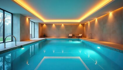 Obraz premium Serene indoor swimming pool with clear blue water, underwater lighting, and tiled walls , exercise, clear, luxury