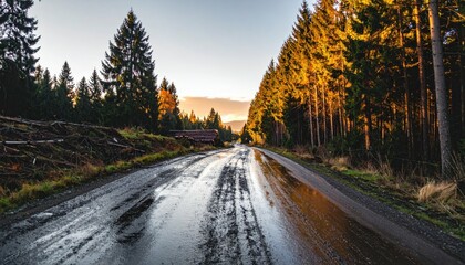 Fototapeta premium Scenic Forest Road After Rain with Golden Sunset Light Reflection