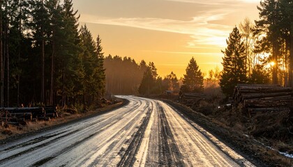 Fototapeta premium Serene Country Road Surrounded by Green Trees at Sunset