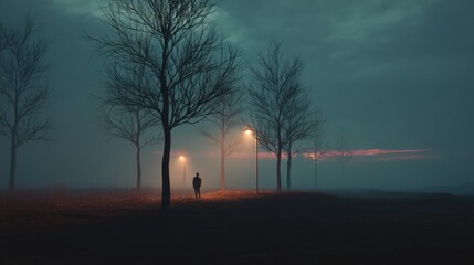 Naklejka premium A lone figure walks through a foggy landscape.